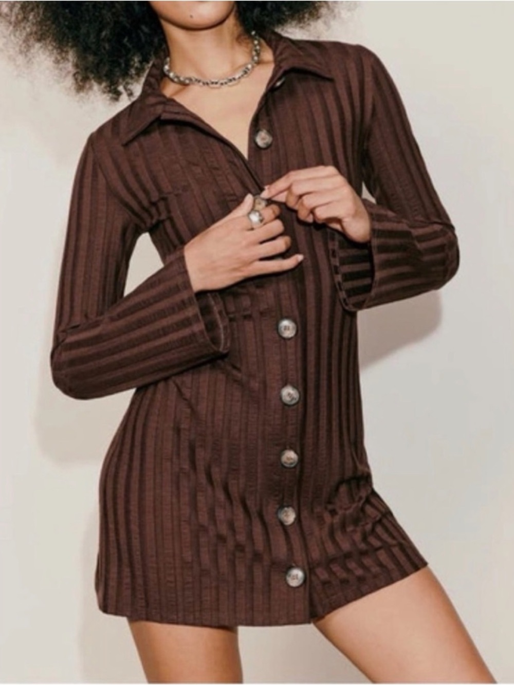 Reformation Brown Ribbed Long-Sleeve Button Dress
